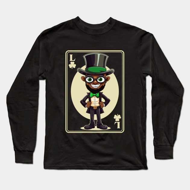 Black Leprechaun Shamrock Card St Paddys Day Festival Long Sleeve T-Shirt by Apocatnipse Meow